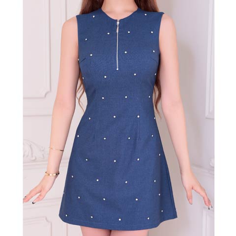 10/7再入荷!【ポイント20倍】[an]ノースリーブビジューバックカットファスナーAラインミニ丈キャバドレス[AOC-3796](インディゴ-Sサイズ)