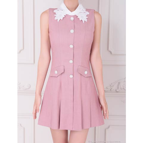 8/25再入荷!【ポイント20倍】[an]フラワーレース襟付きパールボタンプリーツAラインミニ丈キャバドレス[AOC-3897](ピンク-Sサイズ)