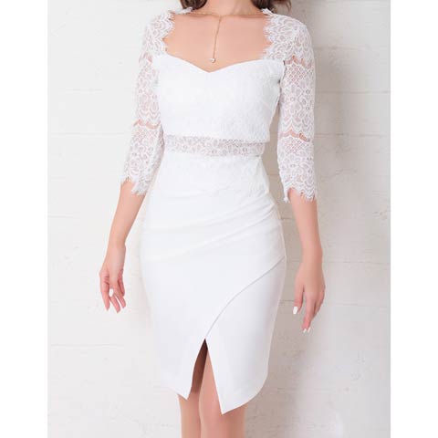 【ポイント20倍】[Andy]ビジューネックレスフラワーレース七分袖スリットタイトミニ丈キャバドレス[AN-OK2685](ホワイト-Sサイズ)