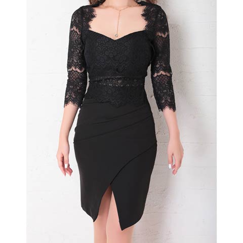 【ポイント20倍】[Andy]ビジューネックレスフラワーレース七分袖スリットタイトミニ丈キャバドレス[AN-OK2685](ブラック-Sサイズ)
