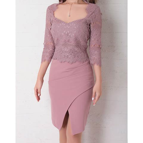 【ポイント20倍】[Andy]ビジューネックレスフラワーレース七分袖スリットタイトミニ丈キャバドレス[AN-OK2685](モカ-Sサイズ)