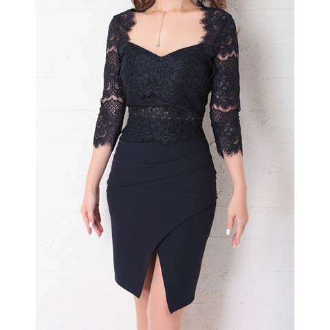 【ポイント20倍】[Andy]ビジューネックレスフラワーレース七分袖スリットタイトミニ丈キャバドレス[AN-OK2685](ネイビー-Sサイズ)