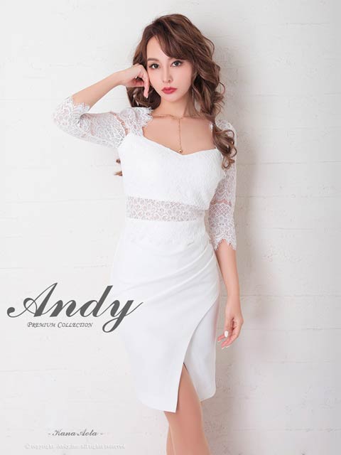 【ポイント20倍】[Andy]ビジューネックレスフラワーレース七分袖スリットタイトミニ丈キャバドレス[AN-OK2685]