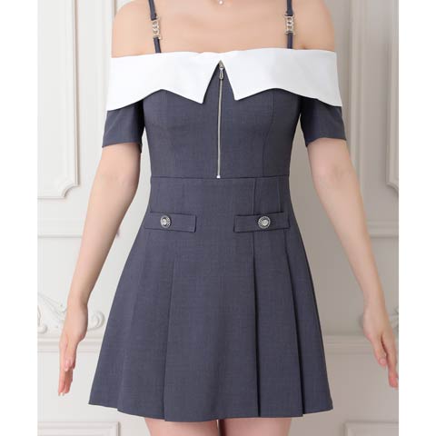 8/14再入荷!【ポイント20倍】[an]バイカラーオフショルフロントジッププリーツAラインミニ丈キャバドレス[AOC-3911](ホワイト×ネイビー-Sサイズ)