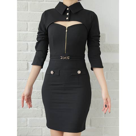 10/7再入荷!【ポイント20倍】[Andy]ボタンビジュー襟付きジップホール七分袖タイトミニ丈キャバドレス[AN-ON2828](ブラック-Sサイズ)