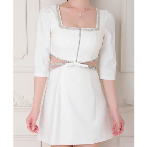 7/29再販!【ポイント20倍】[an]ウエストリボンカットアウトビジューAラインミニ丈キャバドレス[AOC-3929](ホワイト-Sサイズ)