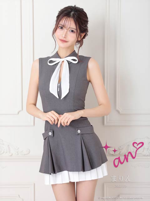 7/2新作!【ポイント20倍】[an]襟付きリボンバイカラーフロントジッププリーツAラインミニ丈キャバドレス[AOC-3933]