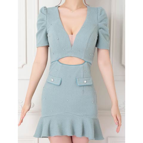 7/24再入荷![an]Vネックシアーカットアウトビジュー半袖マーメイドミニドレス[AOC-3916](ミント-XSサイズ)