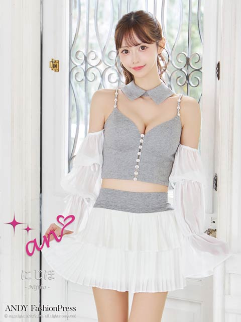 7/9新作!【ポイント20倍】[an]襟付きフロントビジュー2wayチュール袖ティアードミニセットアップ[AOC-3922 ]