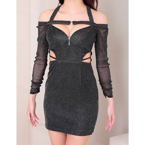 10/7再入荷![GLAMOROUS by Andy]グリッターカットアウトホルターラインタイトミニ丈キャバドレス[GMS-V868](ブラック-Sサイズ)