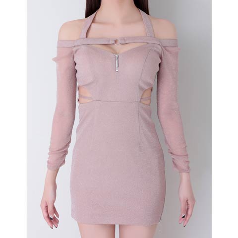 10/7再入荷![GLAMOROUS by Andy]グリッターカットアウトホルターラインタイトミニ丈キャバドレス[GMS-V868](ピンクベージュ-Sサイズ)