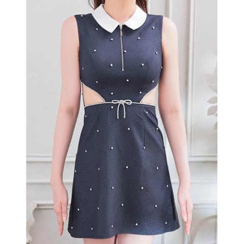 7/16新作!【ポイント20倍】[an]襟付きラインストーンリボンサイドカットAラインミニ丈キャバドレス[AOC-3924](ネイビー-Mサイズ)