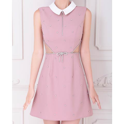 7/16新作!【ポイント20倍】[an]襟付きラインストーンリボンサイドカットAラインミニ丈キャバドレス[AOC-3924](ピンク-Mサイズ)