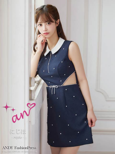 7/16新作!【ポイント20倍】[an]襟付きラインストーンリボンサイドカットAラインミニ丈キャバドレス[AOC-3924]