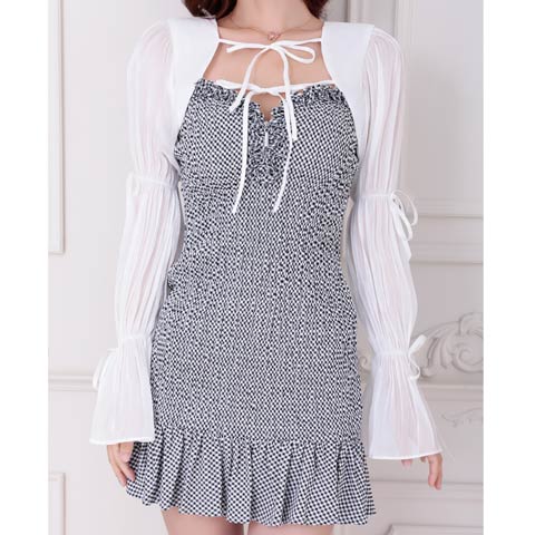 10/7再入荷!【ポイント20倍】[an]ギンガムチェックフリル2wayボレロマーメイドミニ丈キャバドレス[AOC-3930](ホワイト×ブラック-Sサイズ)