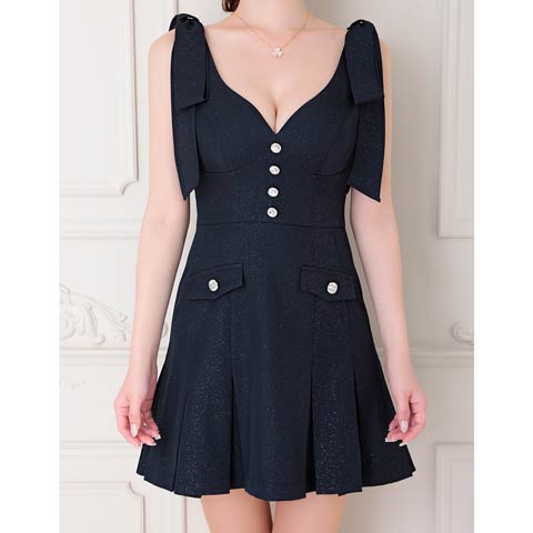 8/14再入荷!【ポイント20倍】[an]フロントビジューリボンショルダープリーツAラインミニ丈キャバドレス[AOC-3934](ネイビー-Sサイズ)