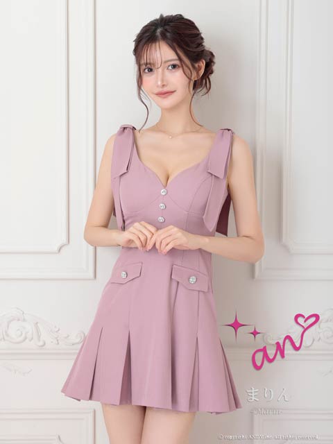 8/14再入荷!【ポイント20倍】[an]フロントビジューリボンショルダープリーツAラインミニ丈キャバドレス[AOC-3934]