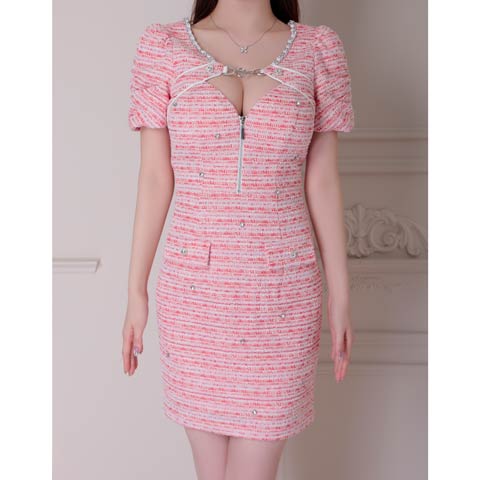 【ポイント20倍】[an]ツイードフロントジップチェーンビジュー半袖タイトミニドレス[AOC-3887](レッド-Sサイズ)