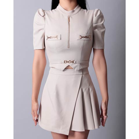 7/18新作!【ポイント20倍】[an]ラメフロントジップアシメプリーツAラインミニセットアップ[AOC-3932](ベージュ-Sサイズ)