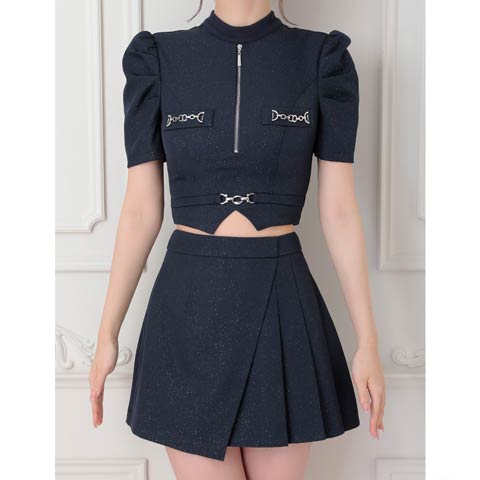 7/18新作!【ポイント20倍】[an]ラメフロントジップアシメプリーツAラインミニセットアップ[AOC-3932](ネイビー-Sサイズ)