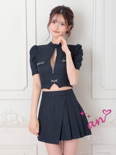 7/18新作!【ポイント20倍】[an]ラメフロントジップアシメプリーツAラインミニセットアップ[AOC-3932]