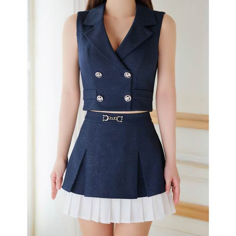 7/24再入荷!【ポイント20倍】[an]ノースリーブ襟付きダブルボタンプリーツAラインミニセットアップ[AOC-3921](ネイビー-Sサイズ)