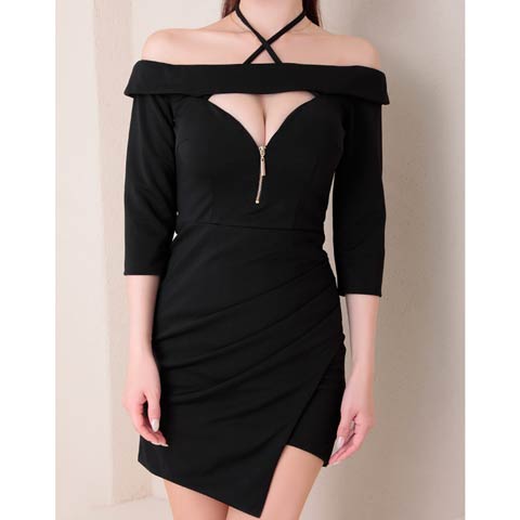 10/7再入荷![GLAMOROUS by Andy]クロスネックファスナーオフショルタイトミニ丈キャバドレス[GMS-V879](ブラック-XSサイズ)