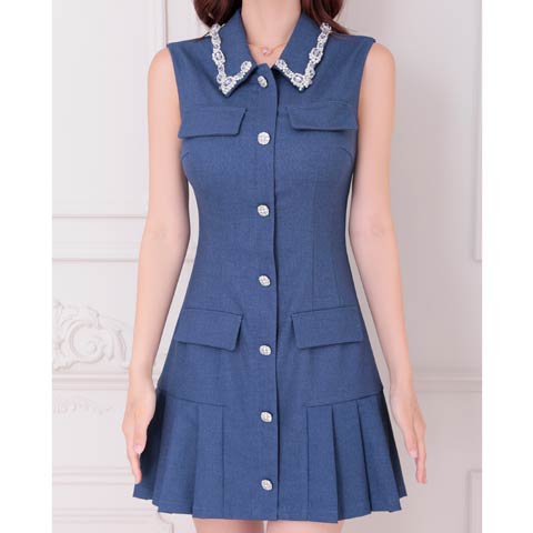 7/24新作!【ポイント20倍】[an]襟付きパールビジューデニムAラインミニ丈キャバドレス[AOC-3936](インディゴ-Sサイズ)
