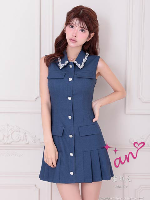 7/24新作!【ポイント20倍】[an]襟付きパールビジューデニムAラインミニ丈キャバドレス[AOC-3936]