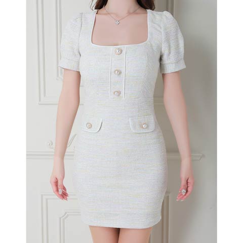 8/14再入荷!【ポイント20倍】[an]パイピングツイードパールビジュー半袖タイトミニ丈キャバドレス[AOC-3870](イエロー-Sサイズ)