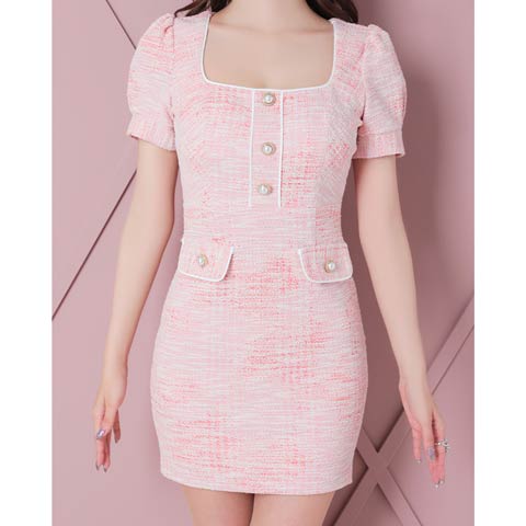 8/14再入荷!【ポイント20倍】[an]パイピングツイードパールビジュー半袖タイトミニ丈キャバドレス[AOC-3870](ピンク-Sサイズ)