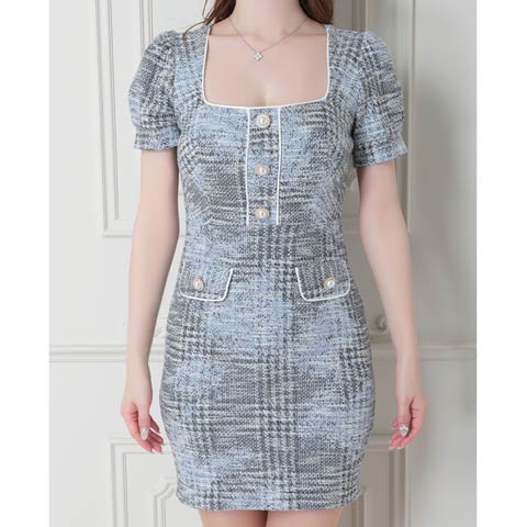 3/5再販!【ポイント20倍】[an]パイピングツイードパールビジュー半袖タイトミニ丈キャバドレス[AOC-3870](ネイビーブルー-Sサイズ)
