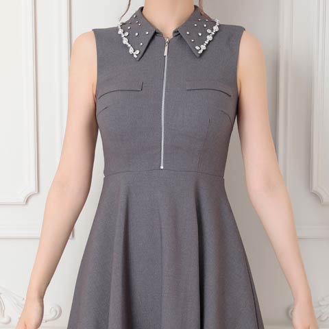 7/30新作!【ポイント20倍】[an]フロントジップシルバービジュー襟付きAラインミニ丈キャバドレス[AOC-3952 ](グレー-Sサイズ)