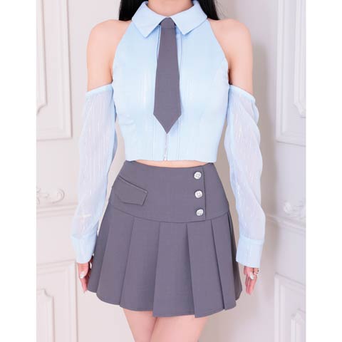 2/12再入荷!【ポイント20倍】[an]タイ付きフロントジップ2wayチュール袖Aラインミニセットアップ[AOC-3943 ](グレーXブルー-Sサイズ)