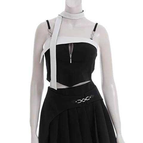 7/30新作!【ポイント20倍】[an]バイカラーチョーカープリーツラップAラインミニセットアップ[AOC-3942 ](ホワイト×ブラック-Sサイズ)