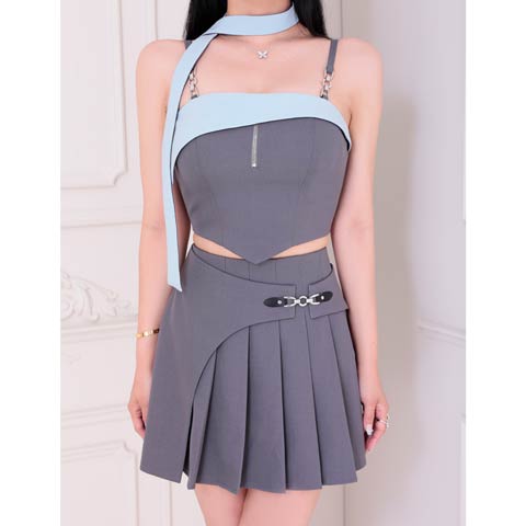 7/30新作!【ポイント20倍】[an]バイカラーチョーカープリーツラップAラインミニセットアップ[AOC-3942 ](ブルーグレー-Sサイズ)