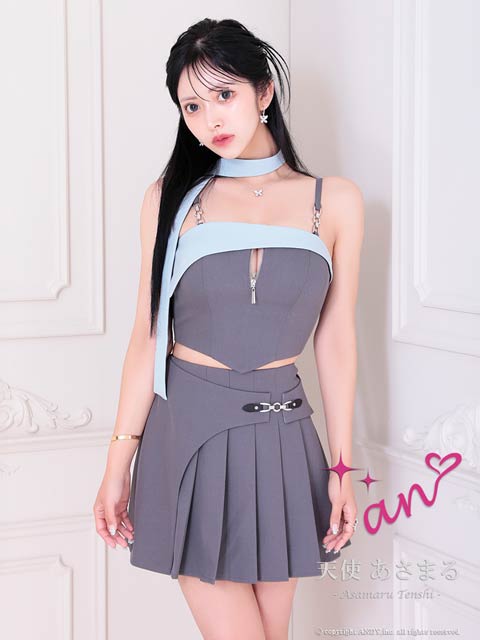 7/30新作!【ポイント20倍】[an]バイカラーチョーカープリーツラップAラインミニセットアップ[AOC-3942 ]