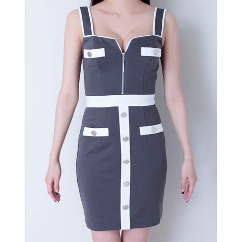 8/25再入荷![GLAMOROUS by Andy]バイカラーフロントジップボタンビジュータイトミニ丈キャバドレス[GMS-V866 ](ホワイト×グレー-Sサイズ)