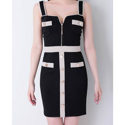 2/12再入荷![GLAMOROUS by Andy]バイカラーフロントジップボタンビジュータイトミニ丈キャバドレス[GMS-V866 ](ブラックXベージュ-Sサイズ)