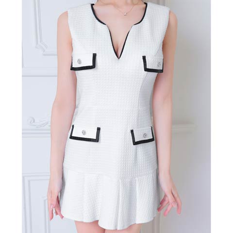 8/1新作!【ポイント20倍】[an]パイピングＶカットプリーツAラインミニ丈キャバドレス[AOC-3913 ](ホワイト×ブラック-XSサイズ)