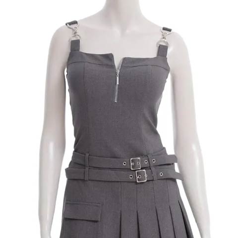 8/4新作!【ポイント20倍】[an]Wベルト付きファシナーアシンメトリープリーツAラインミニ丈キャバドレス[AOC-3944](グレー-Sサイズ)