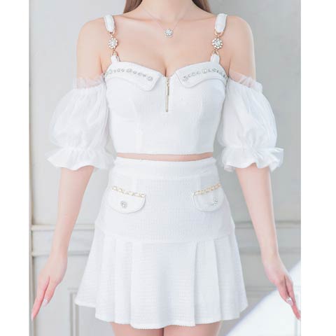 8/4新作!【ポイント20倍】[an]ツイードジップビジュー2wayチュールオフショルAラインミニセットアップ[AOC-3892](ホワイト-Mサイズ)