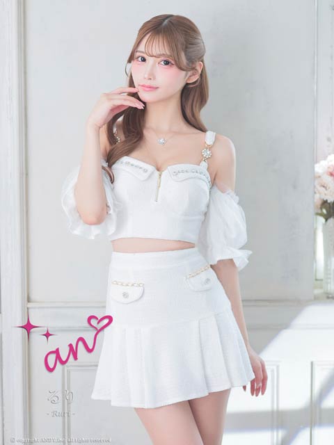 8/4新作!【ポイント20倍】[an]ツイードジップビジュー2wayチュールオフショルAラインミニセットアップ[AOC-3892]