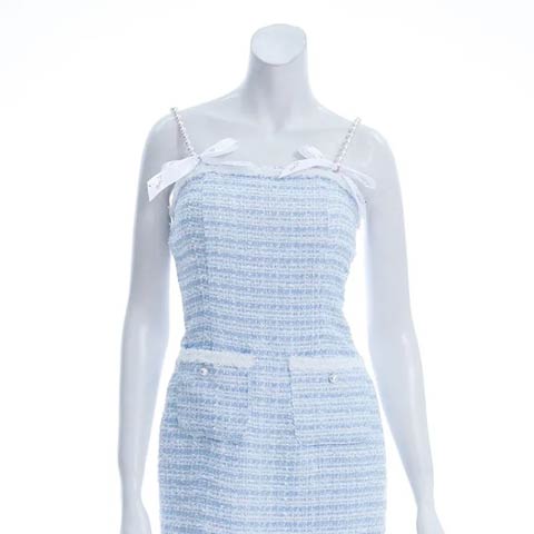 8/4新作!【ポイント20倍】[an]ツイードボーダーリボンパールショルダータイトミニ丈キャバドレス[AOC-3782](ブルー-Sサイズ)