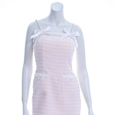 8/4新作!【ポイント20倍】[an]ツイードボーダーリボンパールショルダータイトミニ丈キャバドレス[AOC-3782](ピンク-Sサイズ)