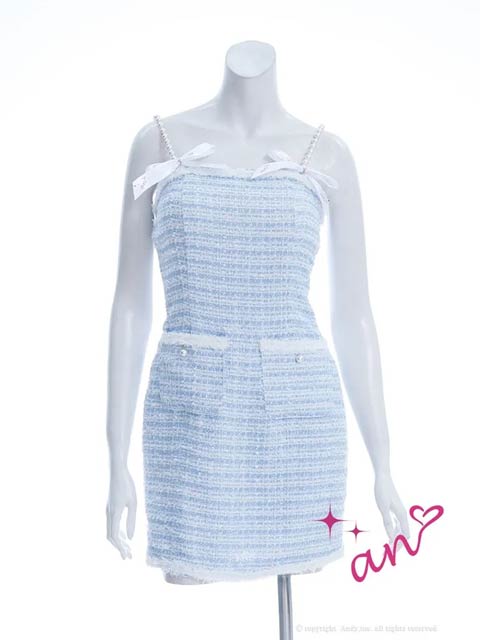 8/4新作!【ポイント20倍】[an]ツイードボーダーリボンパールショルダータイトミニ丈キャバドレス[AOC-3782]