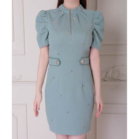 8/8新作![an]ハイネックジップハートビジューパフスリーブタイトミニドレス[AOC-3878 ](ミント-Sサイズ)