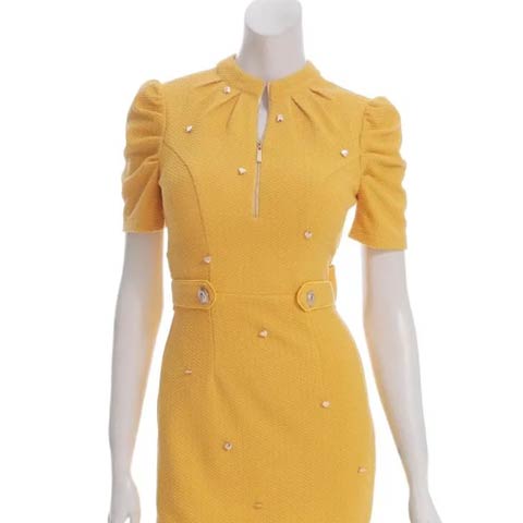 3/5再販![an]ハイネックジップハートビジューパフスリーブタイトミニドレス[AOC-3878 ](イエロー-XSサイズ)