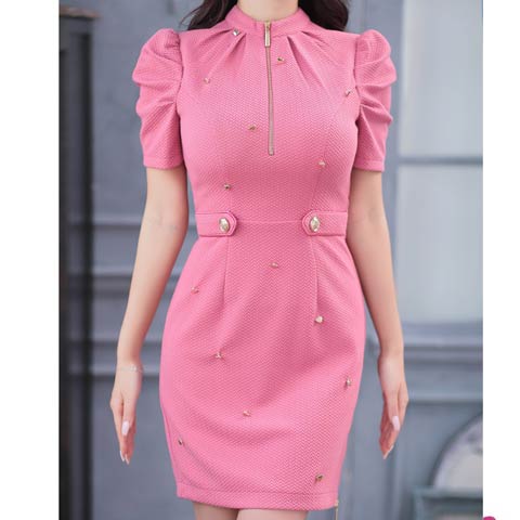 3/5再販![an]ハイネックジップハートビジューパフスリーブタイトミニドレス[AOC-3878 ](ピンク-XSサイズ)
