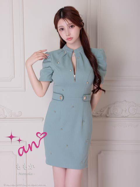 8/8新作![an]ハイネックジップハートビジューパフスリーブタイトミニドレス[AOC-3878 ]